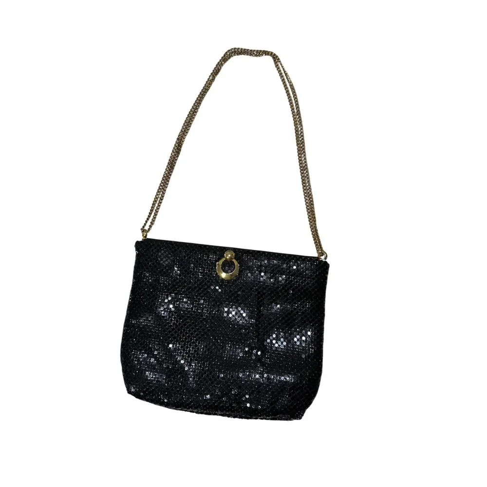 Vintage WHITING & DAVIS Black Metal Mesh Gold Accents Purse Shoulder Bag Chain